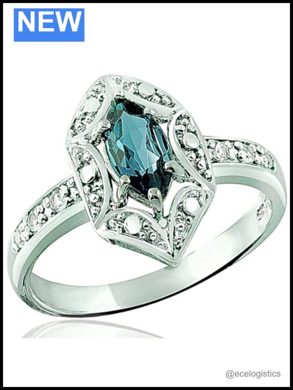 925 Sterling Silver Ring Genuine Gems Marquise 8x4 Round Rhodium Plated